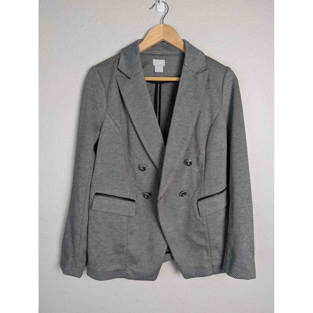 Chico's Blazer Womens 0 Gray Herringbone‎ Faux Leather Trim Double Breasted